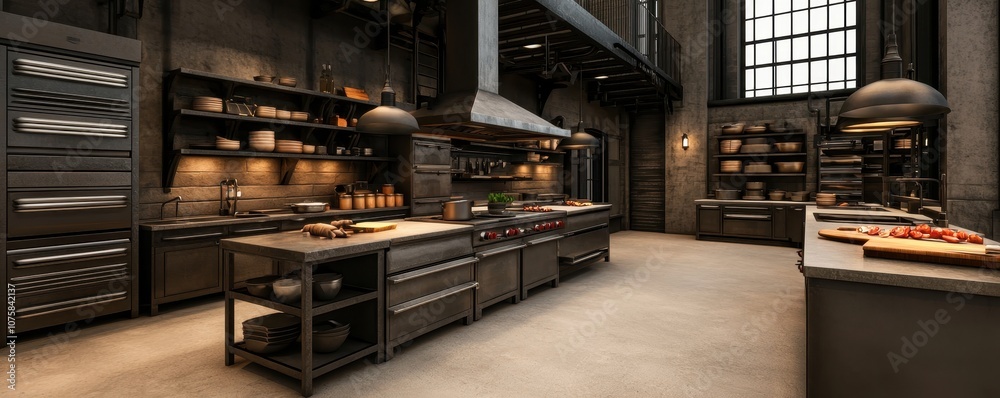 A modern industrial kitchen with sleek metal surfaces, ample storage, and a spacious layout, creating an inviting cooking environment. A modern industrial kitchen with sleek metal surfaces, ample storage, and a spacious layout, creating an inviting cooking environment.