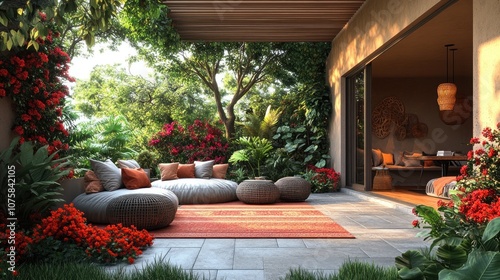 Cozy outdoor lounge surrounded by lush greenery and vibrant flowers.