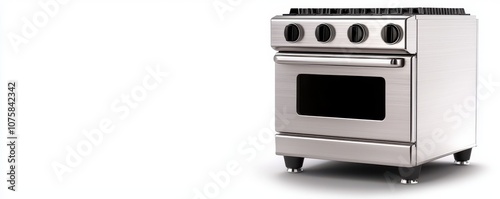 A sleek stainless steel kitchen range with four burners and an oven, designed for both functionality and style. Isolated on white background