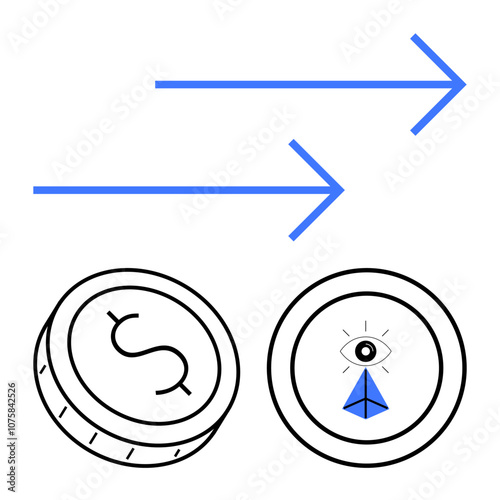 Two distinct coins, one with a dollar symbol and the other with an eye and pyramid, with blue arrows above them indicating transfer. Ideal for finance, digital currency, blockchain, fintech