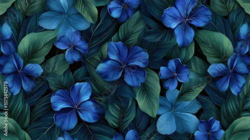 A seamless pattern of rich blue flowers, intertwined