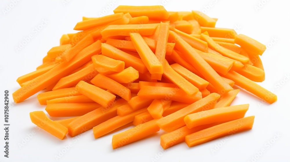 Freshly cut orange carrot sticks arranged artfully on a clean white surface. Generative AI Freshly cut orange carrot sticks arranged artfully on a clean white surface. Generative AI