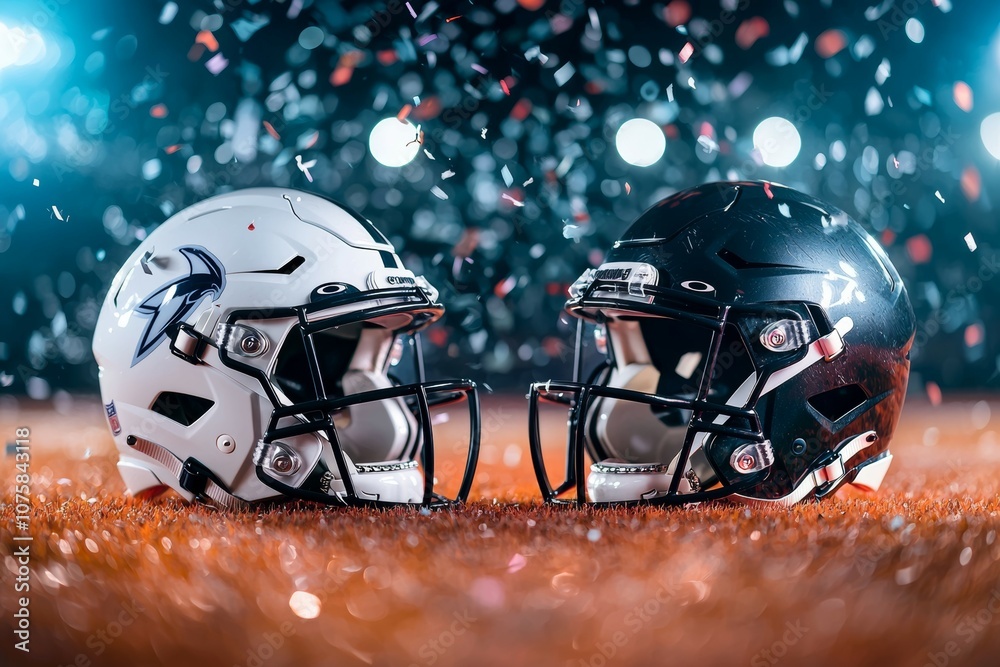 Two football helmets are on the ground, one white and one black