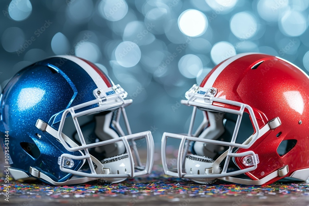 Two football helmets with a blue and red stripe on them Two football helmets with a blue and red stripe on them