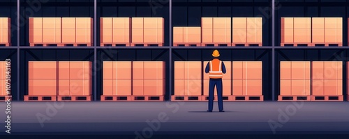 A worker in a warehouse examines stacked pallets in the warm glow of an evening, showcasing the organization of goods.