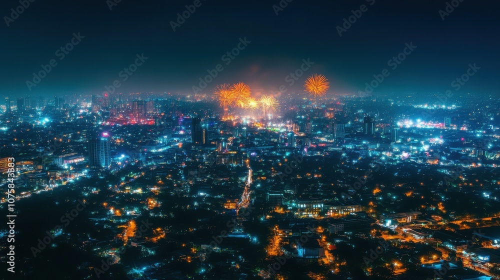 Fototapeta premium Aerial view of a vibrant city celebrating New Year's Eve,