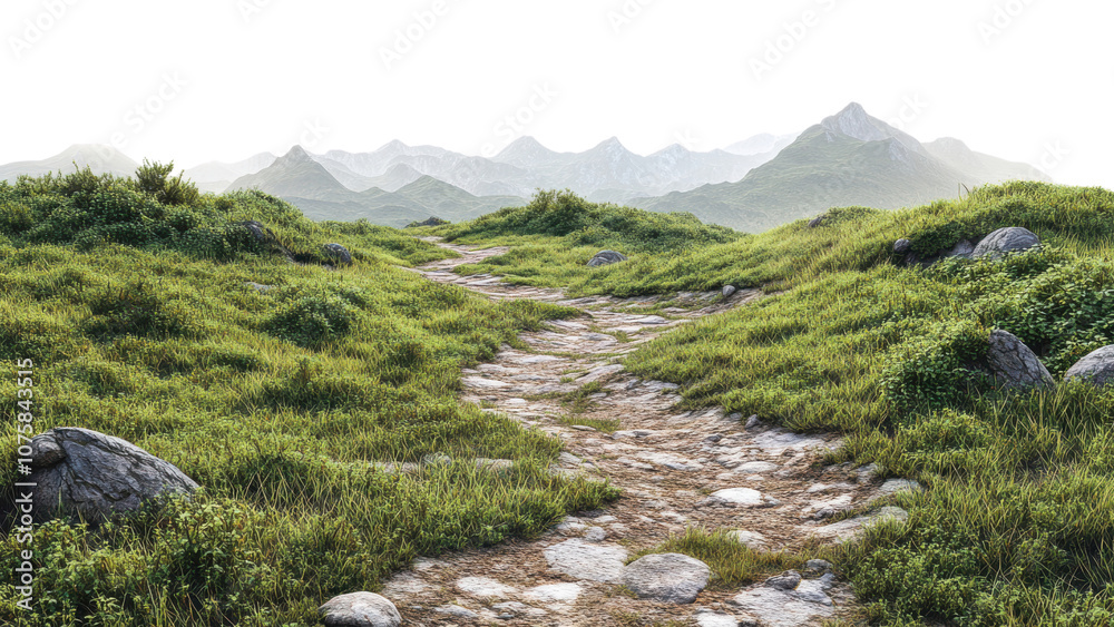 serene landscape featuring winding dirt path through lush green grass and rocky terrain, leading towards distant mountains. scene evokes sense of tranquility and adventure