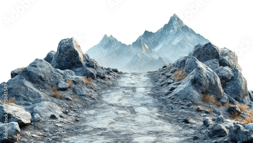 rugged mountain path leads through rocky terrain, surrounded by majestic peaks and sparse vegetation, evoking sense of adventure and exploration