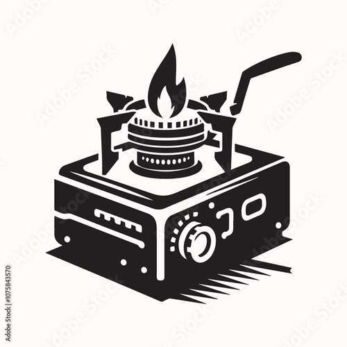 Portable gas stove with one burner for camping vector, Portable gas stove with one burner for camping silhouette vector icon black and white