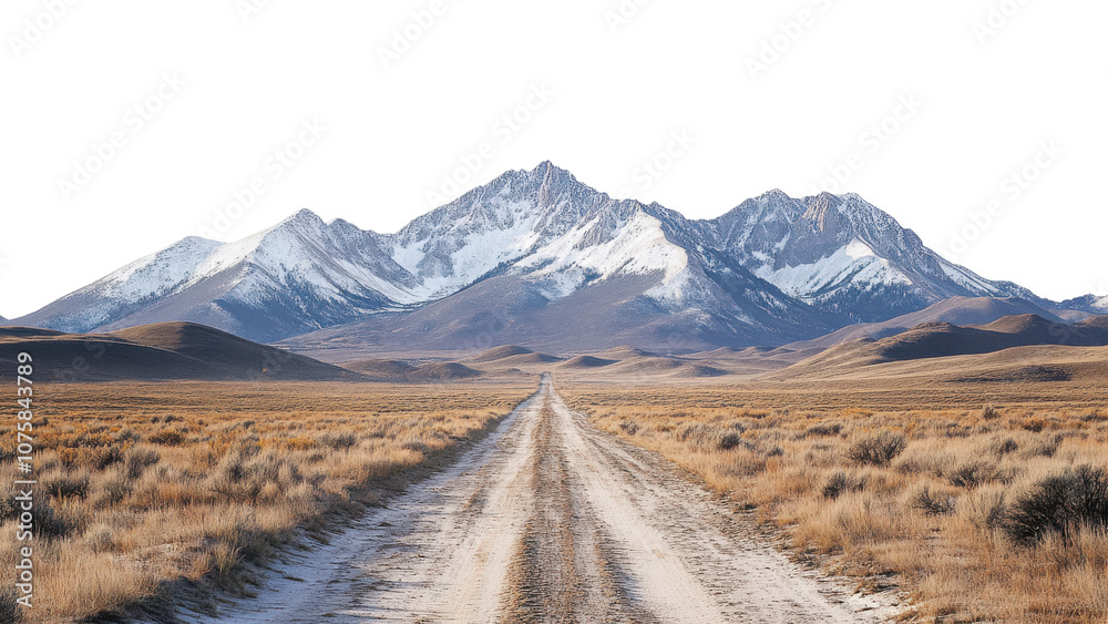 scenic dirt road stretches through vast landscape, leading towards majestic snow capped mountains. golden grasslands create serene atmosphere, inviting exploration and adventure