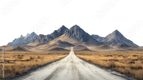 scenic dirt road stretches through vast, golden landscape, leading towards majestic mountains in distance. serene atmosphere evokes sense of adventure and exploration