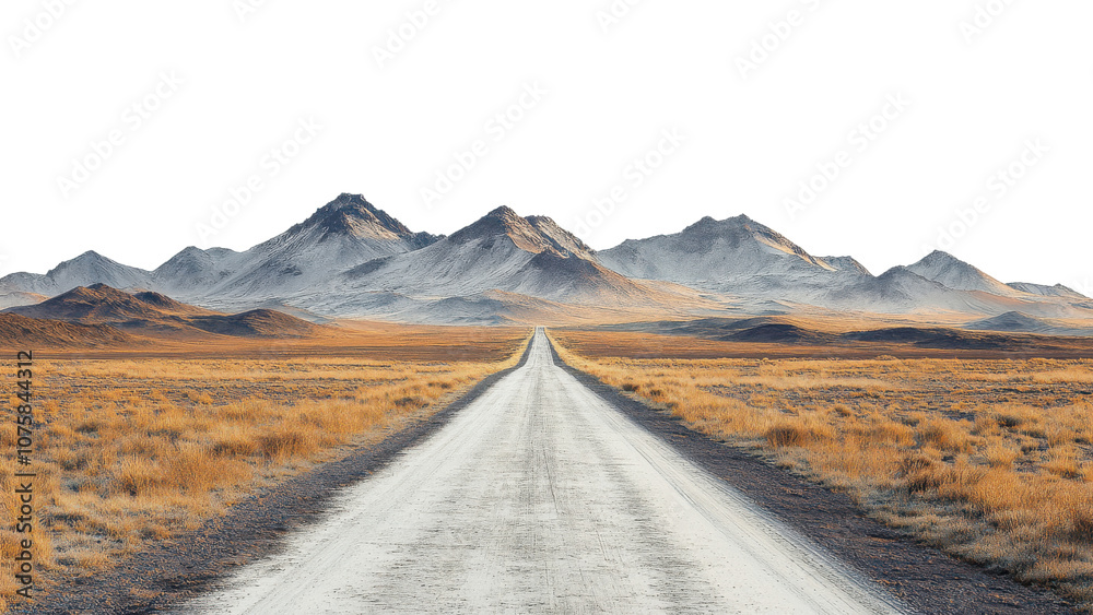 scenic dirt road stretches through vast, arid landscape, flanked by majestic mountains under clear sky. golden grasslands create serene atmosphere