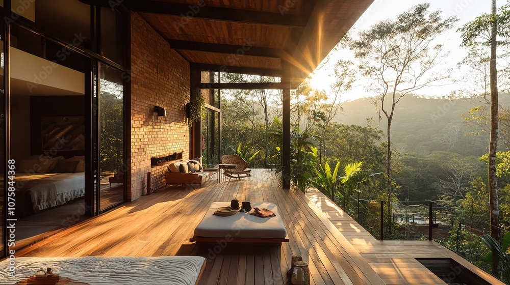 A modern two-story house nestled in the forest, constructed using contemporary materials such as glass, steel, and concrete. The sleek design and large windows offer panoramic views of the surrounding A modern two-story house nestled in the forest, constructed using contemporary materials such as glass, steel, and concrete. The sleek design and large windows offer panoramic views of the surrounding