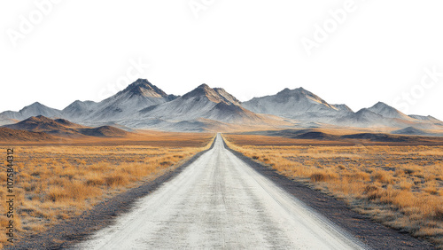 Obraz na płótnie scenic dirt road stretches through vast, arid landscape, flanked by majestic mountains under clear sky. golden grasslands create serene atmosphere w salonie