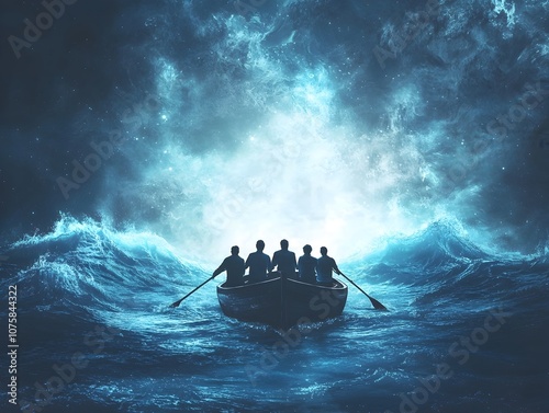Business Team Rowing Through Stormy Seas Towards Glowing Horizon of Opportunity
