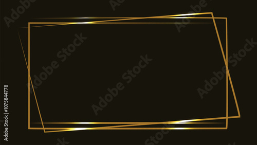 Gold square frame. Line art. Isolated on black background. Shiny glowing frame with shadows. Luxury realistic rectangle border. Decorative frame. Empty copy space for decoration, photo, banner. Simple