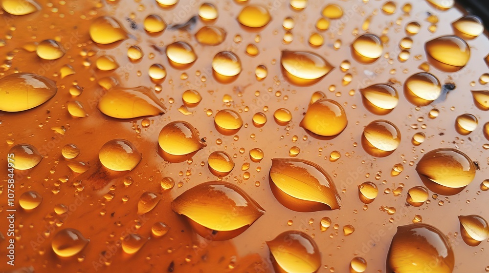 Glittering droplets of amber rainwater reflect sunlight on a surface. Generative AI Glittering droplets of amber rainwater reflect sunlight on a surface. Generative AI