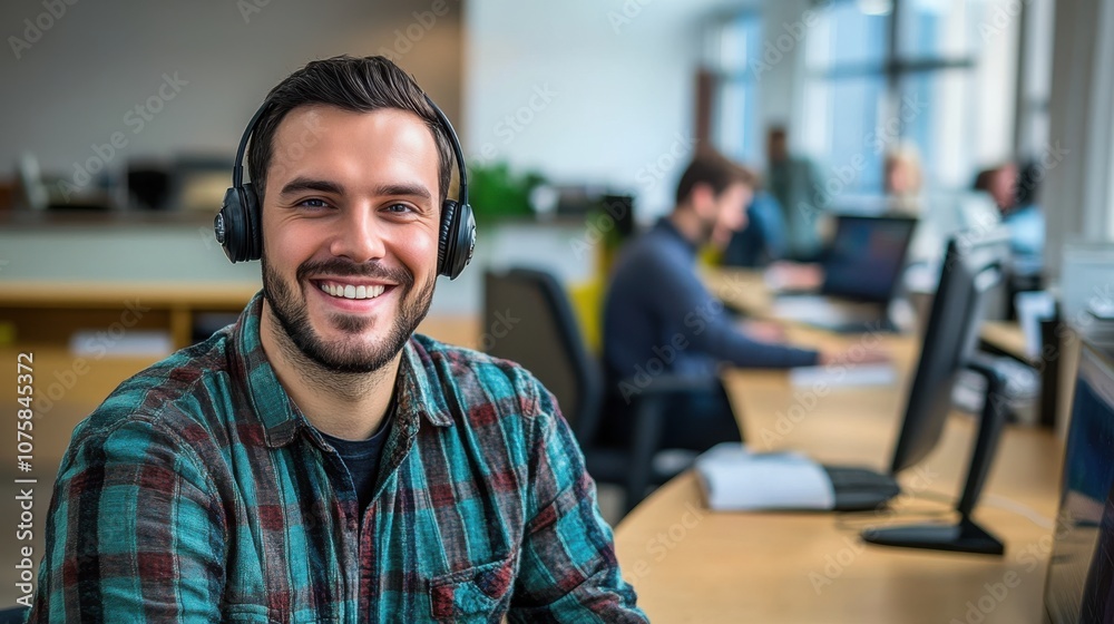 Cheerful male operator with a headset, assisting clients from a sleek Cheerful male operator with a headset, assisting clients from a sleek