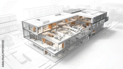 Modern architectural rendering of a multi-level office building.