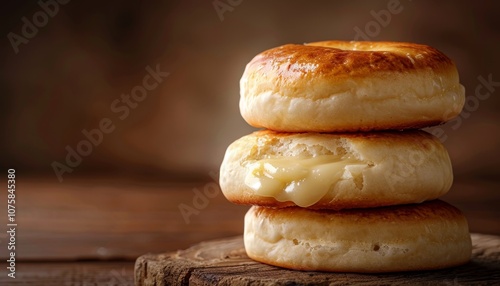 Three homemade sweet buns stacked on a wooden board, with a glimpse of sweet filling oozing out. photo