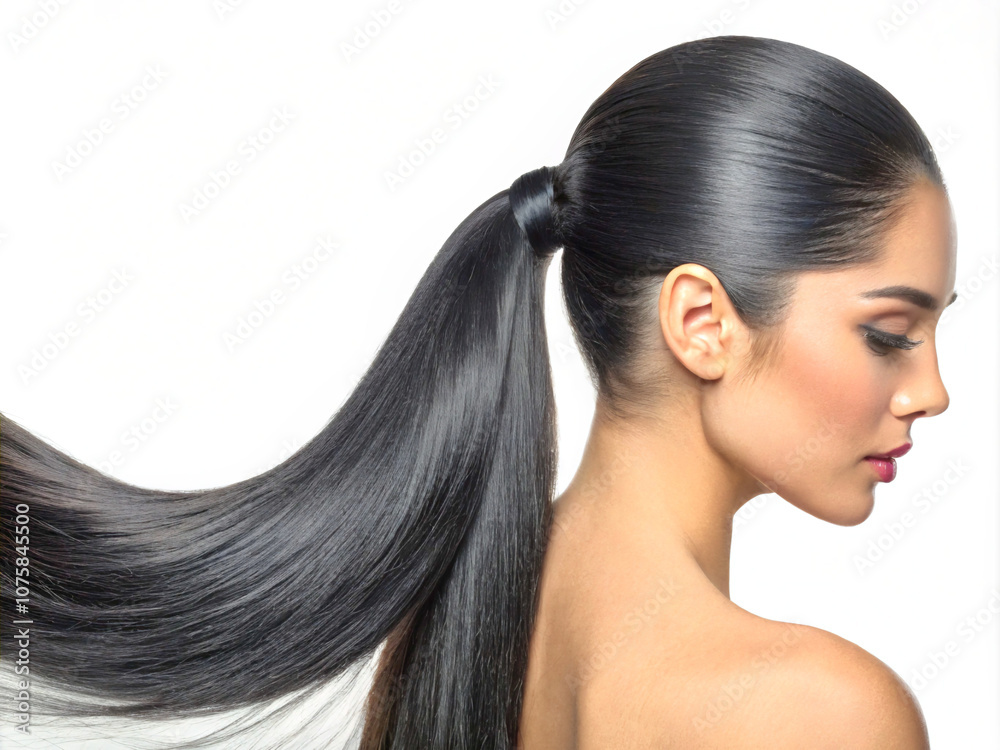 Naklejka premium woman with long hair. hair, woman, beauty, long, model, profile, face, hairstyle, fashion, straight, care, glamour, skin, brunette, brown, head, style, studio, healthy, black, blond, salon, people, pe