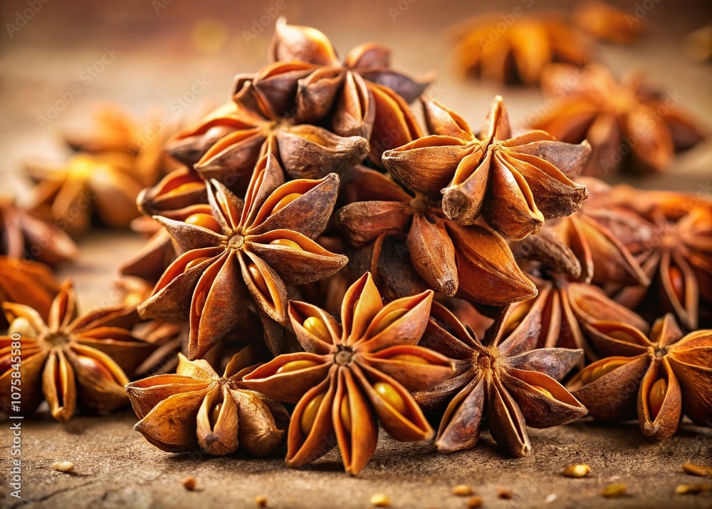 A Captivating Portrait of Dried Anise Stars Isolated on a Soft Background, Showcasing Their Unique Shape and Texture for Culinary and Decorative Use in Food Photography A Captivating Portrait of Dried Anise Stars Isolated on a Soft Background, Showcasing Their Unique Shape and Texture for Culinary and Decorative Use in Food Photography