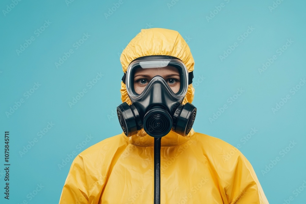 A woman in a yellow protective suit with a gas mask on her face A woman in a yellow protective suit with a gas mask on her face