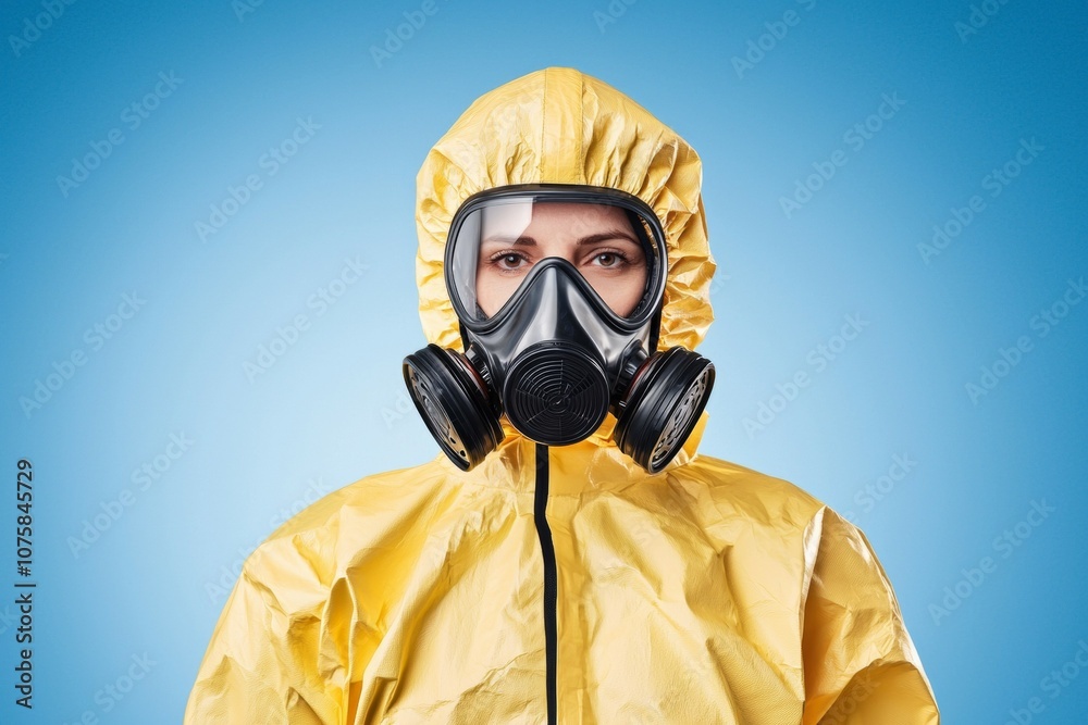 A woman in a yellow hazmat suit is wearing a gas mask A woman in a yellow hazmat suit is wearing a gas mask