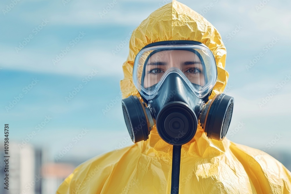 A woman in a yellow protective suit with a gas mask on her face A woman in a yellow protective suit with a gas mask on her face