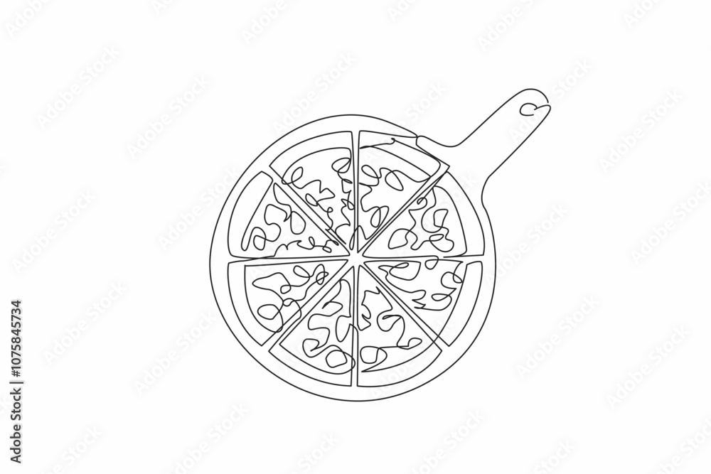 Fototapeta premium Continuous one line drawing a pizza on a round serving tray. The deliciousness and convenience of pizza. Eaten with loved ones. Tasty. National Pizza Day. Single line draw design vector illustration