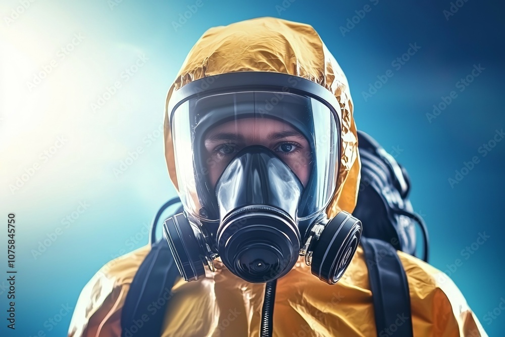 A man in a yellow suit with a mask on his face A man in a yellow suit with a mask on his face