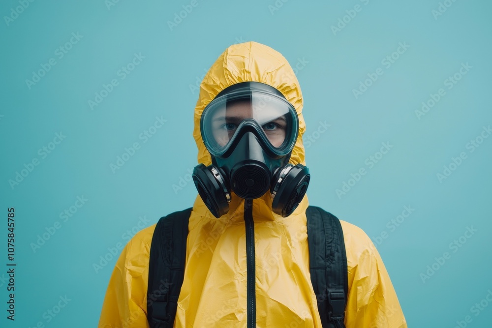 A man in a yellow hazmat suit is wearing a gas mask A man in a yellow hazmat suit is wearing a gas mask