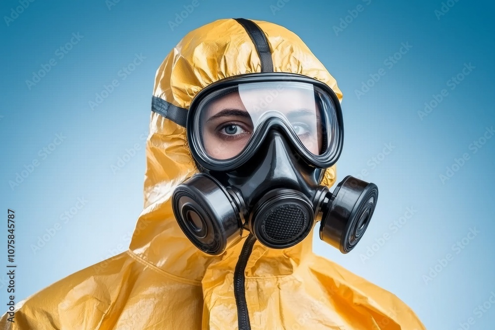 A woman in a yellow protective suit with a mask on her face A woman in a yellow protective suit with a mask on her face