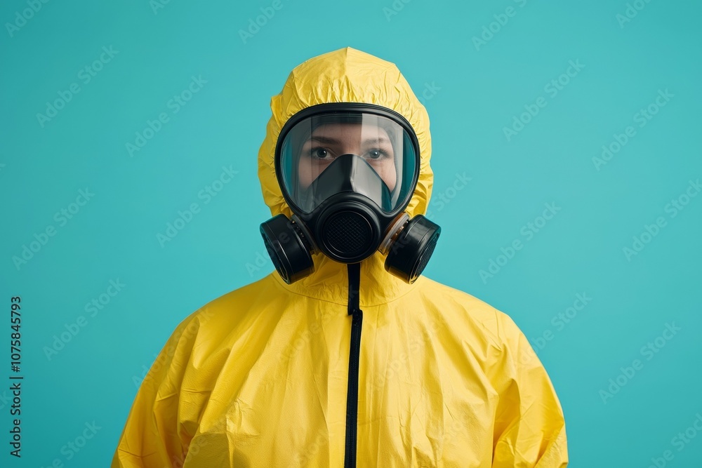 A woman in a yellow protective suit with a mask on her face A woman in a yellow protective suit with a mask on her face
