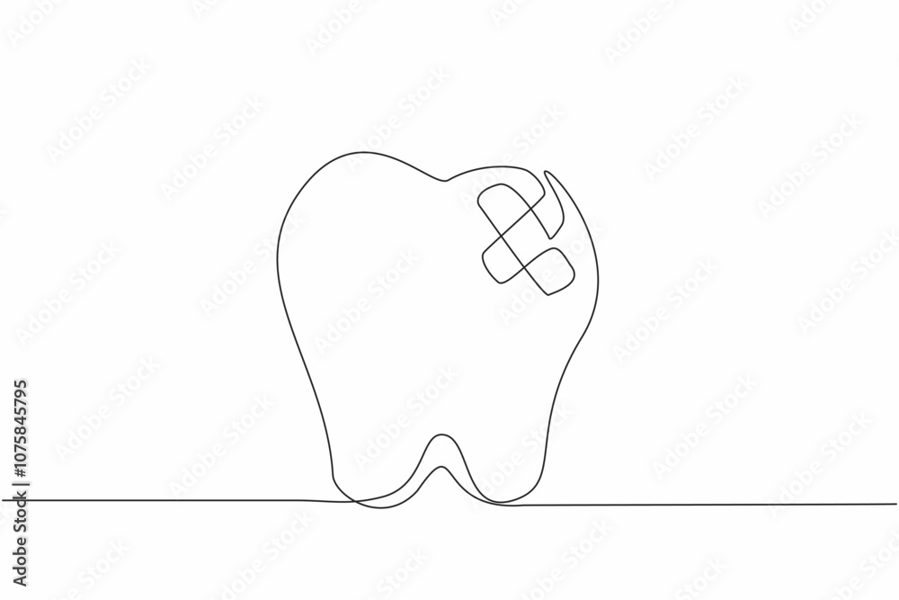 Continuous one line drawing a tooth has a bandage on it. The need for dental care. The importance of preventing toothaches. Treated. National Toothache Day. Single line draw design vector illustration Continuous one line drawing a tooth has a bandage on it. The need for dental care. The importance of preventing toothaches. Treated. National Toothache Day. Single line draw design vector illustration