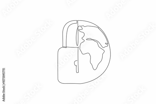 Single one line drawing half padlock and half of a globe. Too many threats in cyberspace. Protected with double security. Password. Safer Internet Day. Continuous line design graphic illustration