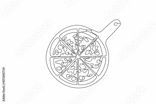 Continuous one line drawing a pizza on a round serving tray. The deliciousness and convenience of pizza. Eaten with loved ones. Tasty. National Pizza Day. Single line draw design vector illustration