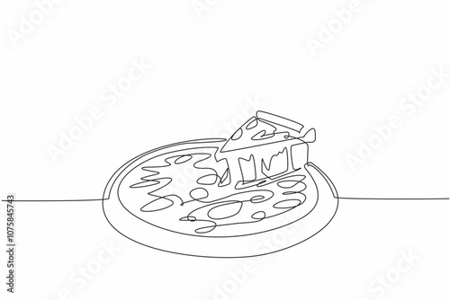 Single continuous line drawing a slice of pizza is being taken from whole pizza. The deliciousness of melted cheese. Enjoyment of sharing meal. National Pizza Day. One line design vector illustration