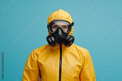 A woman in a yellow protective suit with a gas mask on her face