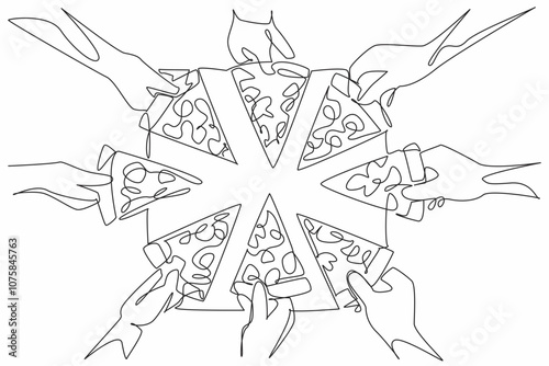 Continuous one line drawing multiple hands reaching for slices of pizza. Shared enjoyment, friendship, and celebration. Togetherness. National Pizza Day. Single line draw design vector illustration