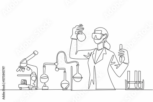 Single continuous line drawing female scientist immersed in research. Dedication to scientific discovery. Innovation. Science. Technology. Engineering. Mathematics. One line design vector illustration