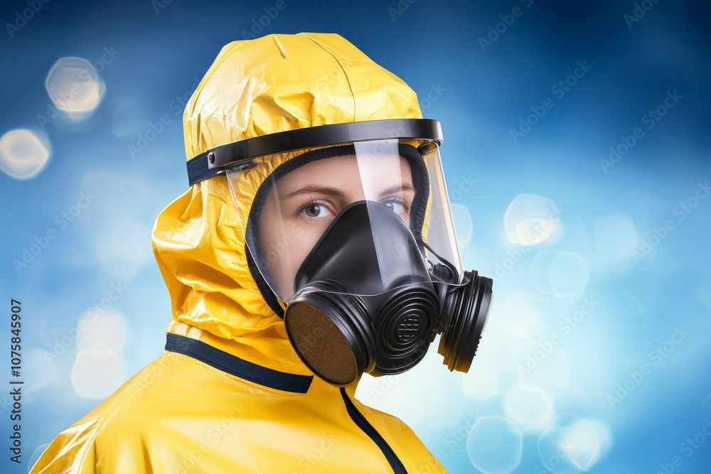 A woman in a yellow protective suit with a mask on her face