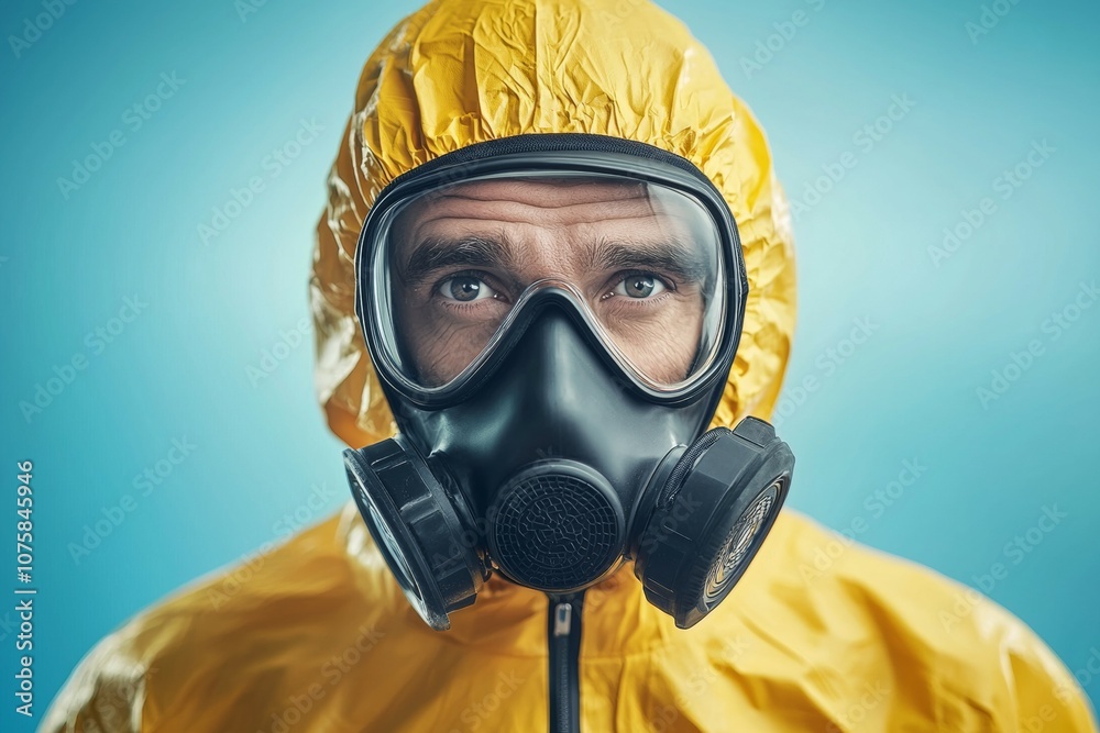 A man in a yellow suit with a gas mask on his face A man in a yellow suit with a gas mask on his face