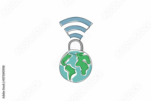 Single continuous line drawing a padlock connected to a globe with Wi-Fi signals. Safeguarding information in an interconnected world. Secure. Safer Internet Day. One line design vector illustration