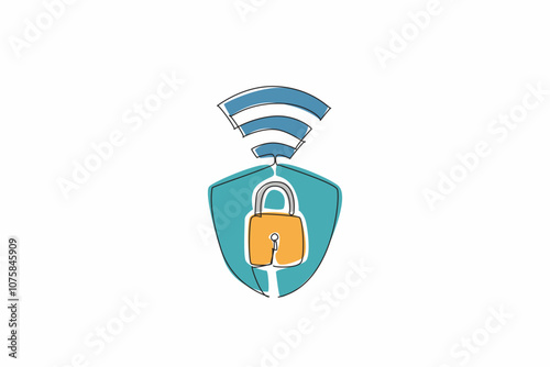 Single one line drawing shield inside there is a padlock with Wi-Fi signals. Layered protection is needed in the digital age. Firewall. Safer Internet Day. Continuous line design graphic illustration