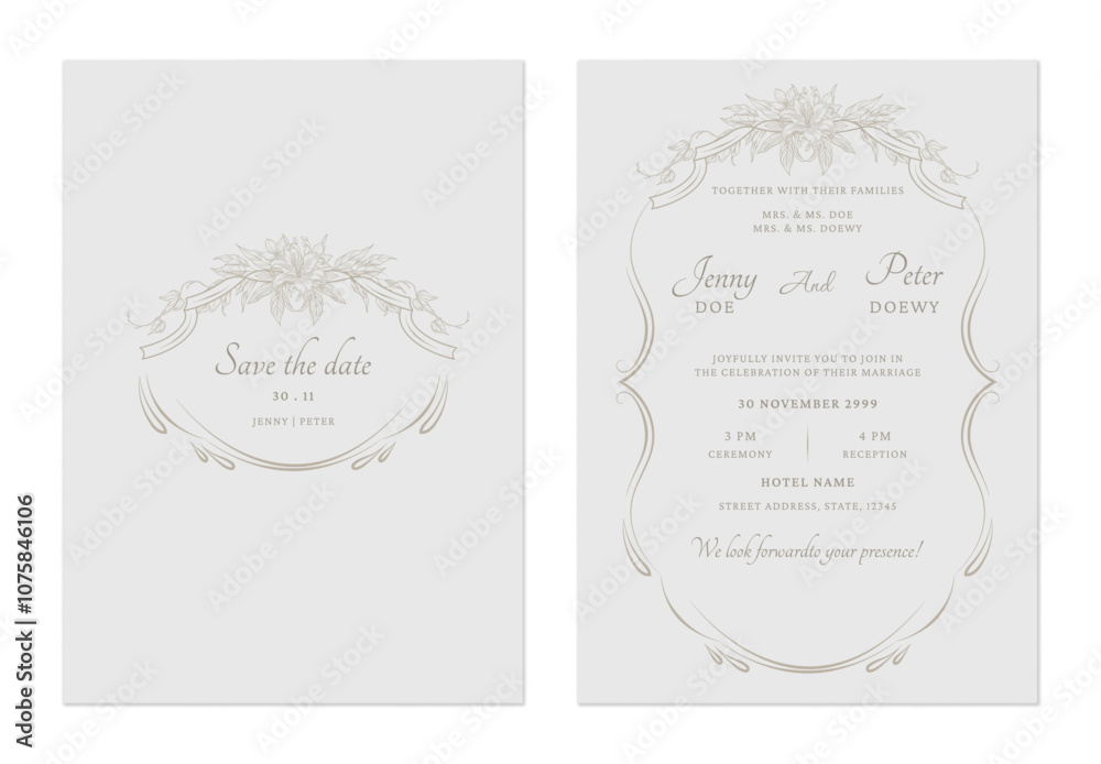 Wedding invitation template set feature a delicate brown floral border with intricate details on a gray background, creating a romantic and timeless feel Wedding invitation template set feature a delicate brown floral border with intricate details on a gray background, creating a romantic and timeless feel