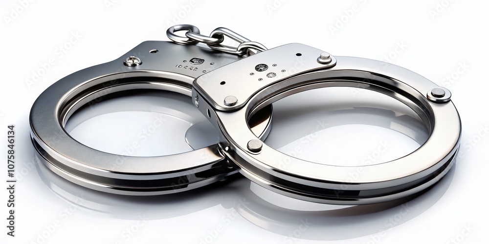 A Detailed View of Shiny Silver Handcuffs on a White Background, Representing Law Enforcement, Justice, and Security, Ideal for Illustrating Themes of Crime Prevention and Protection A Detailed View of Shiny Silver Handcuffs on a White Background, Representing Law Enforcement, Justice, and Security, Ideal for Illustrating Themes of Crime Prevention and Protection