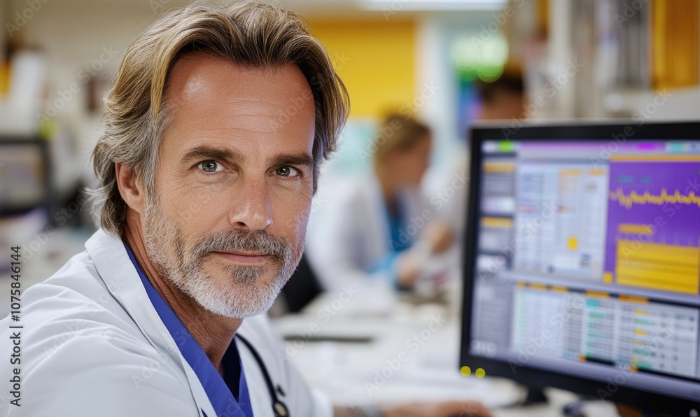 Fototapeta premium Medical professional: doctor diligently working on computer, analyzing patient records, utilizing digital tools to enhance healthcare delivery, integration of technology in modern medicine.