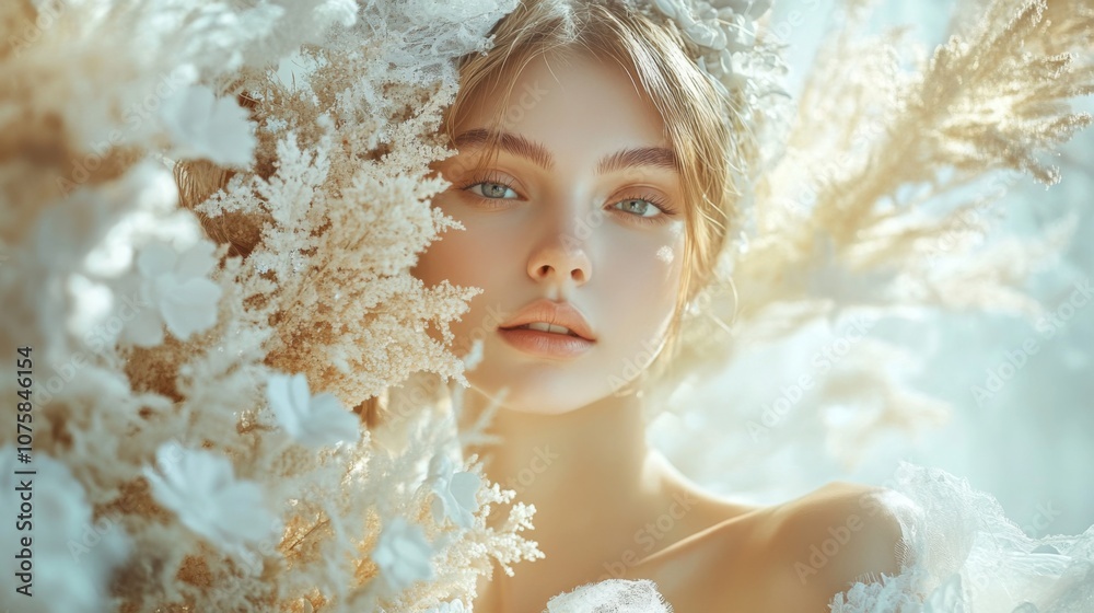 Woman lying among flowers with soft sunlight illuminating her face Woman lying among flowers with soft sunlight illuminating her face