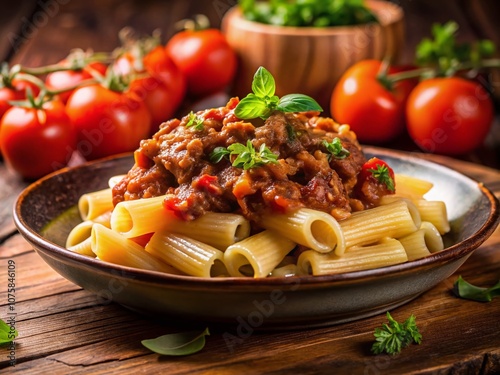 A Delicious Plate of Maccheroni al Ferretto with Rich Beef in Ragu Bolognese Captured in Low Light for a Cozy Culinary Experience photo